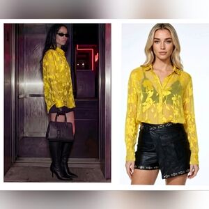 Susan Graver Yellow Sheer Floral Button-Front Blouse